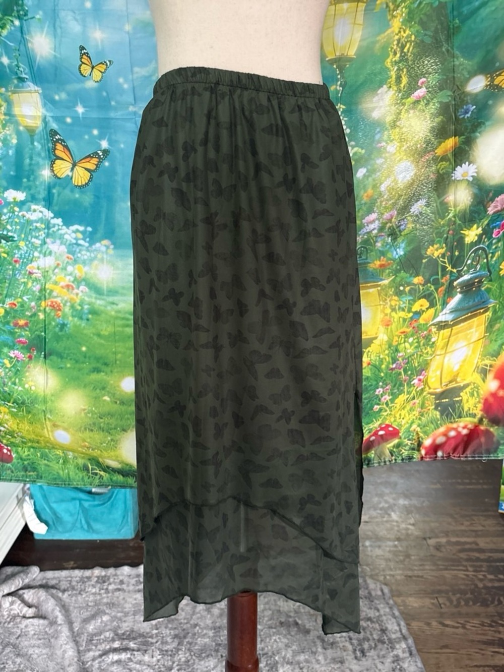 ROMWE Olive Green High-Low Layered Midi Skirt